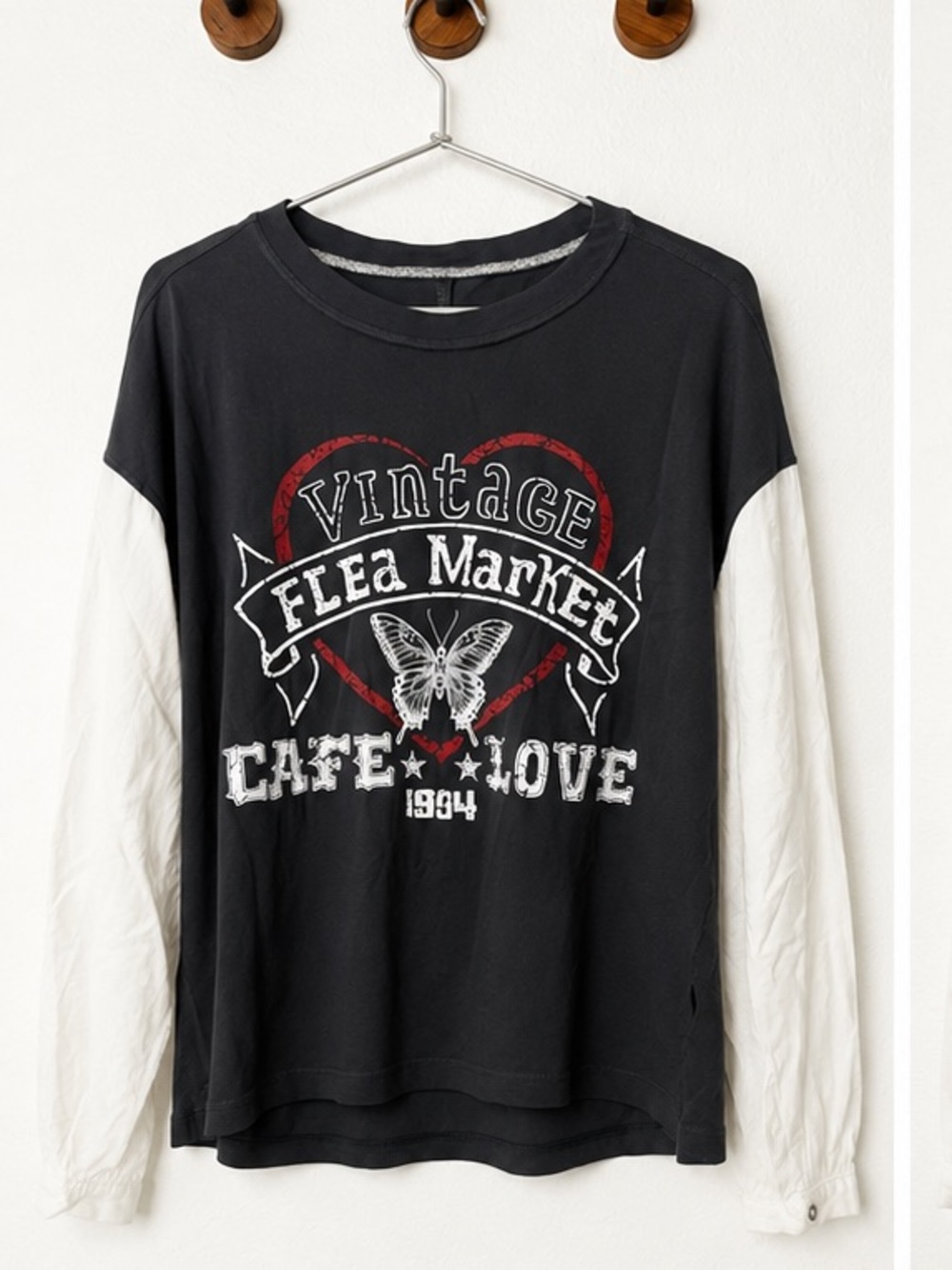 Pilcro Black Tee with White Raglan Sleeves and Graphic Heart Print